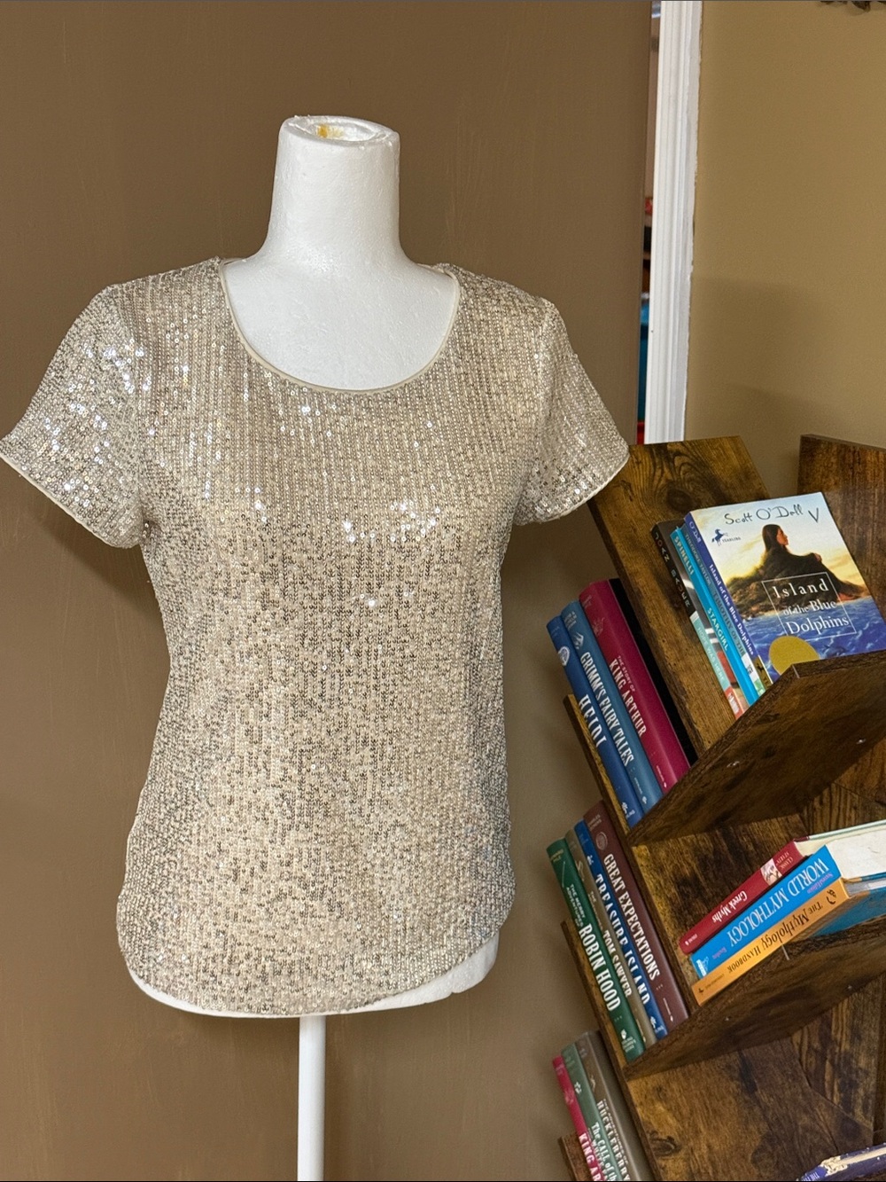 Miss Me Gold Sequin Short Sleeve Scoop Neck Tee